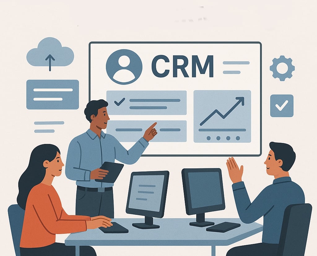 An illustration of 3 people having a meeting and discussing implementing a new Customer Relationship Management (CRM) system.