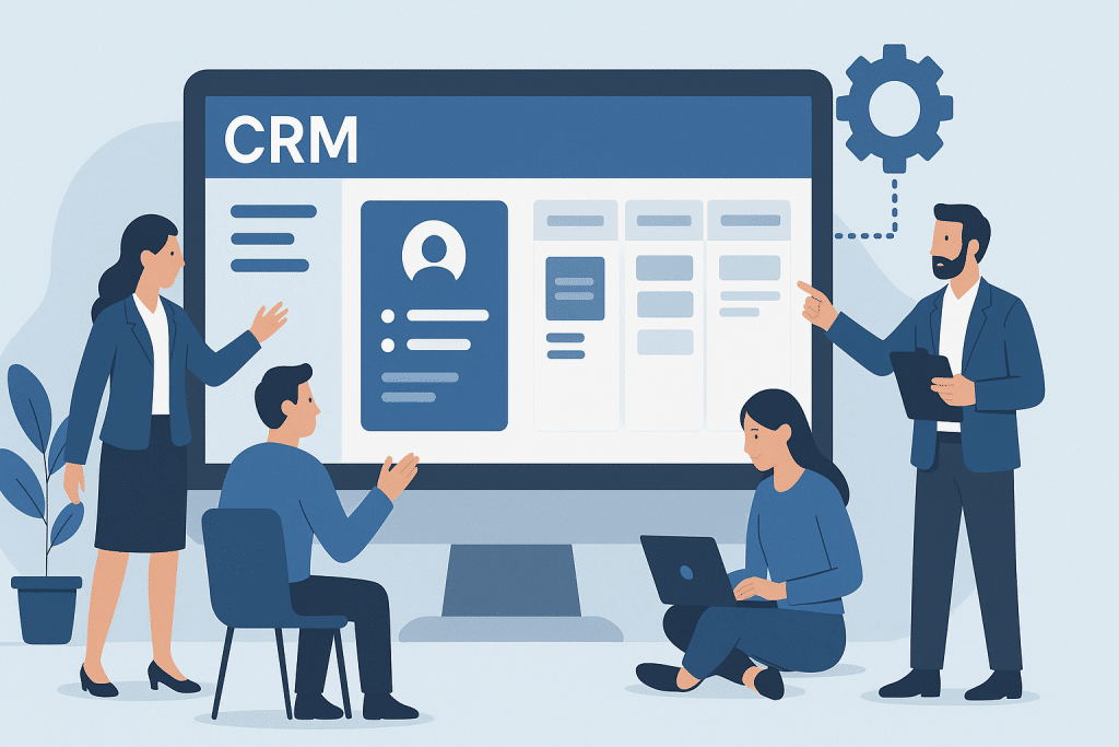 An illustration of office workers sitting around a giant screen with a CRM system on it.