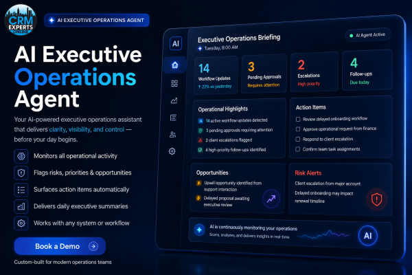 AI Executive Operations Agent dashboard interface by CRM Experts Online