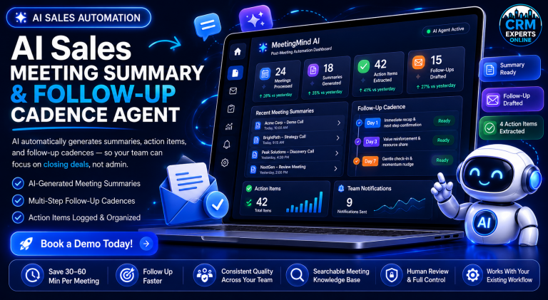 AI Sales Meeting Summary & Follow-Up Cadence Agent dashboard by CRM Experts Online
