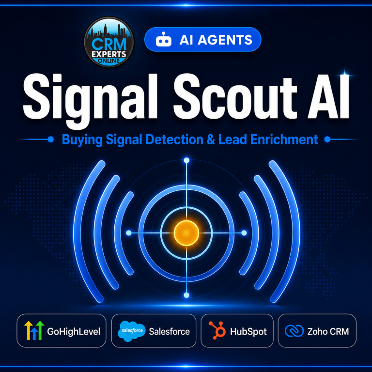 Signal Scout AI buying signal detection and lead enrichment platform with CRM integrations for GoHighLevel, Salesforce, HubSpot, and Zoho CRM.
